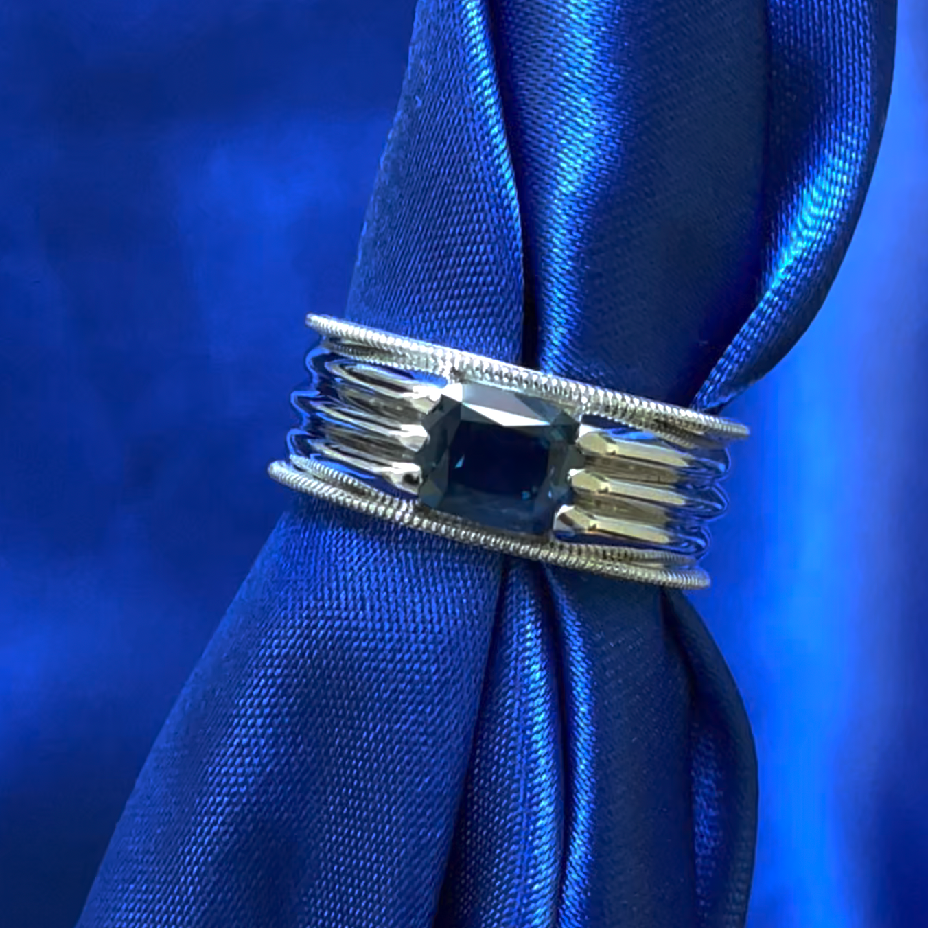 14k White Gold Dark Blue Sapphire wide Triple Band Milgrain Corners Custom Ring