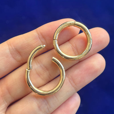 14k Yellow Gold 8 gauge (3.2mm), inside diameter 9/16" (14.3mm), Custom Hinged Clicker Hoops Piercing, pair