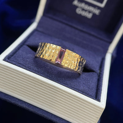 14k Yellow Gold and Custom-cut Baguette Purple Lab Sapphire on 7mm Hammered Industrial Band Custom Ring, size 11.5