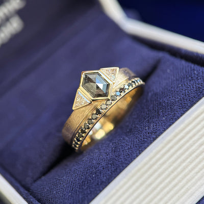 14k Yellow Gold Low-bezel-set 0.56ct Hexagon Salt-Pepper Diamond with 2pc Triangle Clear Lab Diamonds and Black Diamond Pave 1/2 Around 5mm Industrial Brushed Band Custom Ring, Size 6