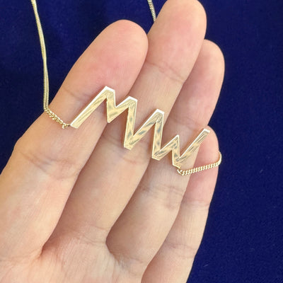 14k Yellow Gold 20mm Tall Cut-out MVW Custom Pendant Charm Soldered onto 20inch Mini Miami Chain