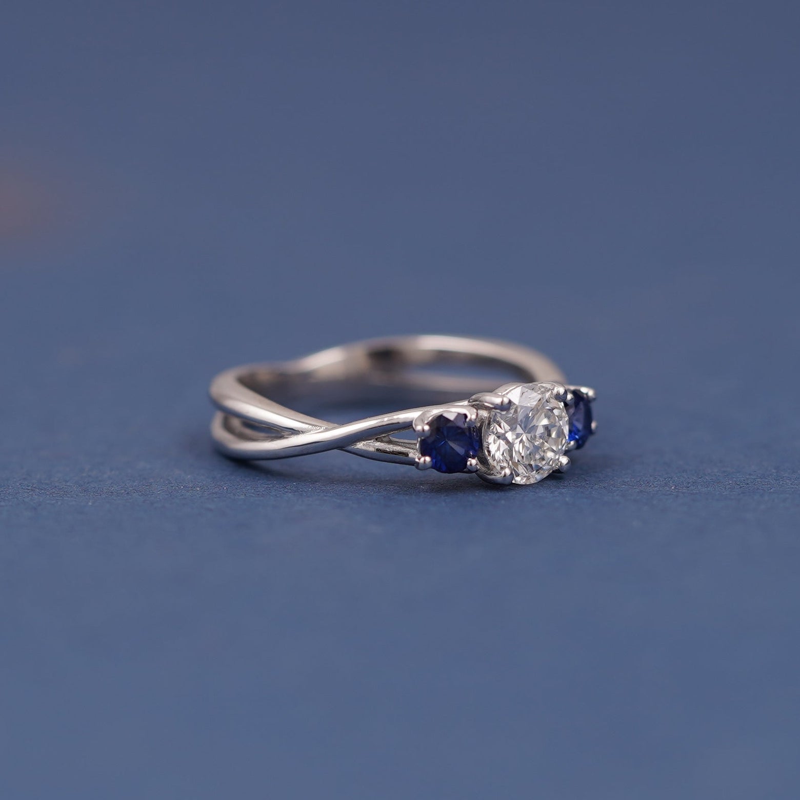 14k White Gold and 1ct Round Diamond with Round Blue Sapphires Trellis set Open Band 3-stone Custom Ring