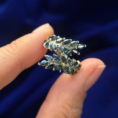 14k Champagne Gold and 2.88ct 24pc Marquise Dark Green Sapphires on 3mm Curvy Mirror Band Custom Ring, size 5.5