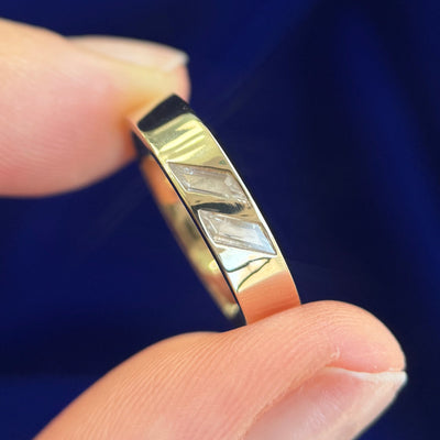 14k Yellow Gold with 2pc Custom-cut Diagonal Moissanites Bezel-set into 4mm Mirror Industrial Comfort-fit Band Custom Ring, size 7.5