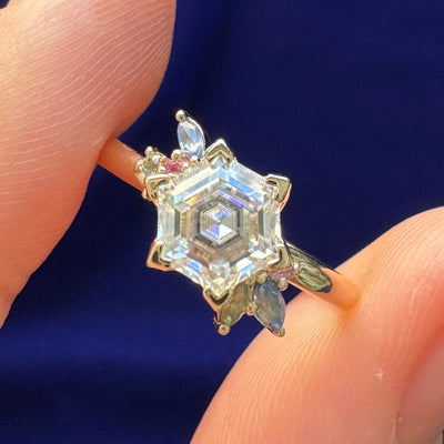 14k Yellow Gold and Diagonally-set 6mm Hexagon Moissanite with cluster of Sapphires, Alexandrites, Moissanites Custom Ring, 5 grams, size 5.5