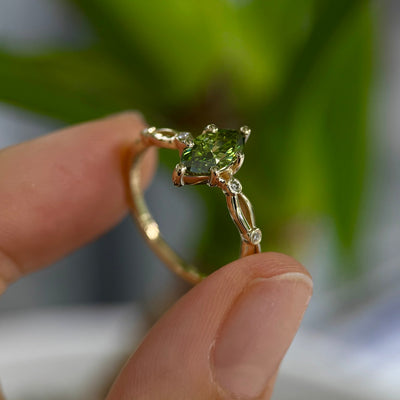 14k Yellow Gold V Prongs Set Marquise Light Green Lab Diamond with Lab Diamonds Custom Engagement Ring