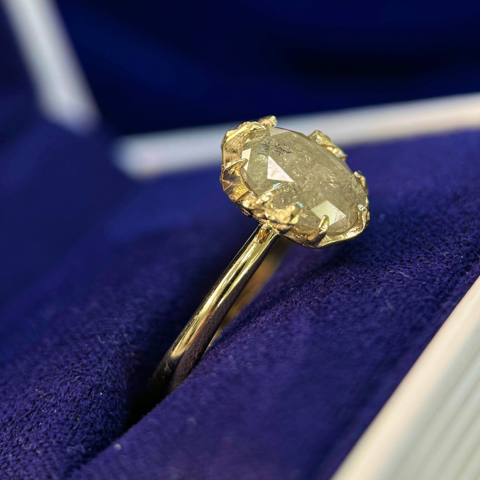 14k Yellow Gold & 1.89ct Oval Salt-and-pepper Diamond in Begonia Leaf Setting Tapered Band Custom Ring,