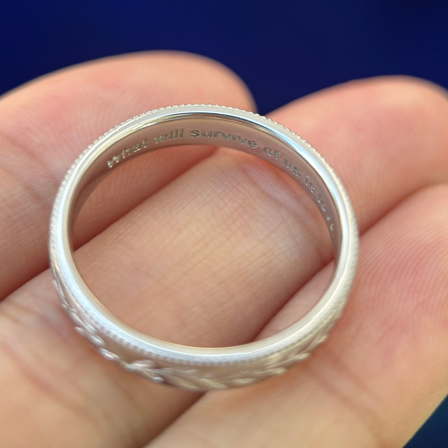 950 Platinum with Flush-set 2.5mm Diamond on 4.5mm Industrial Mirror Band with Milgrain and Olive Leaves engraving Custom Ring, size 10