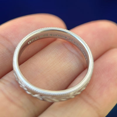 950 Platinum with Flush-set 2.5mm Diamond on 4.5mm Industrial Mirror Band with Milgrain and Olive Leaves engraving Custom Ring, size 10