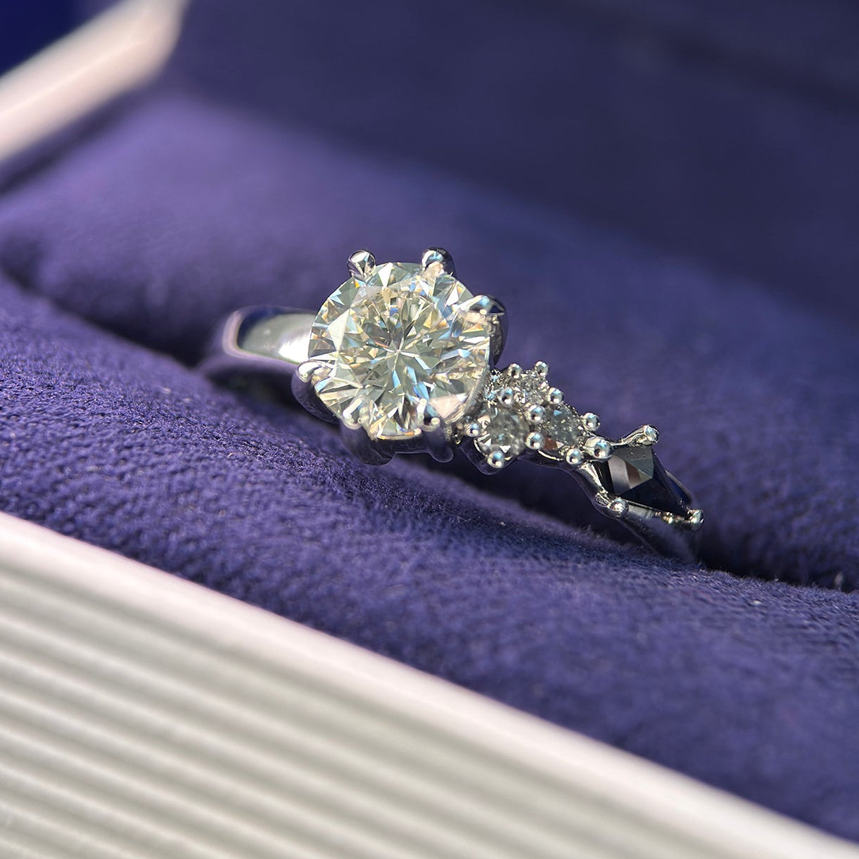 950 Platinum and Customers 6.2mm Round Diamond with 2 Kite and 3 Round Salt-and-pepper Diamonds on 2.5mm Mix Brushed Band Custom Ring, Size 7.25