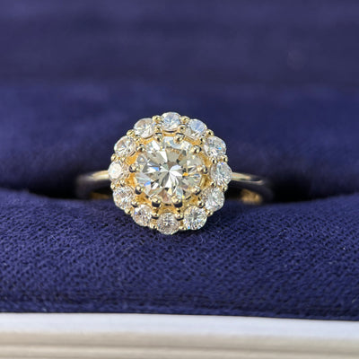 14k Yellow Gold Low-bezel-set Customer’s 5.5mm Diamond w/ Halo of 12pc 2mm Bezel-set Round Customer’s Diamonds Custom Ring