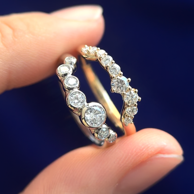 14k Gold and Platinum with Graduating Round Lab Diamonds Custom Couple Matching Bands Rings, size 6