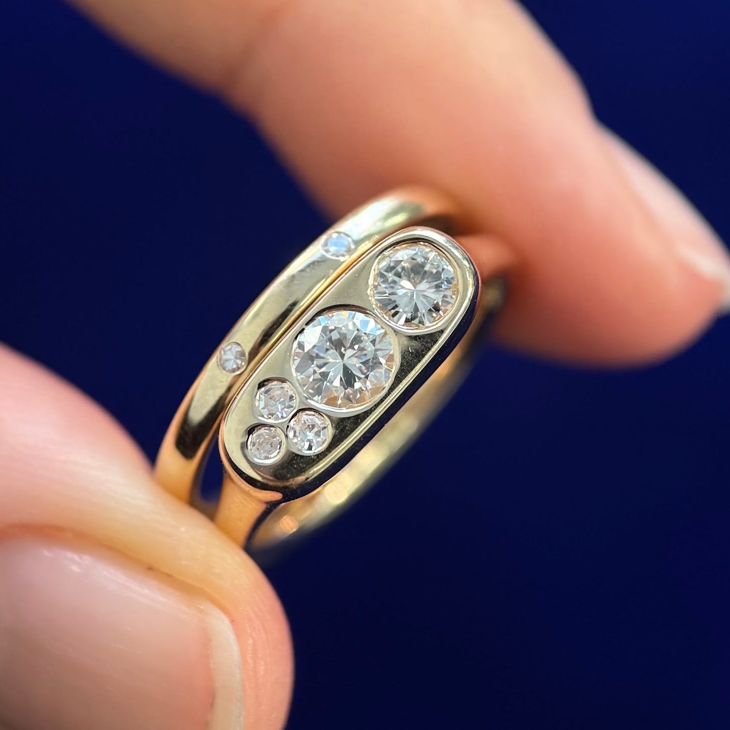 14k Yellow Gold and Heirloom Round Diamonds Reset into Signet Style Engagement and Wedding Rings Set