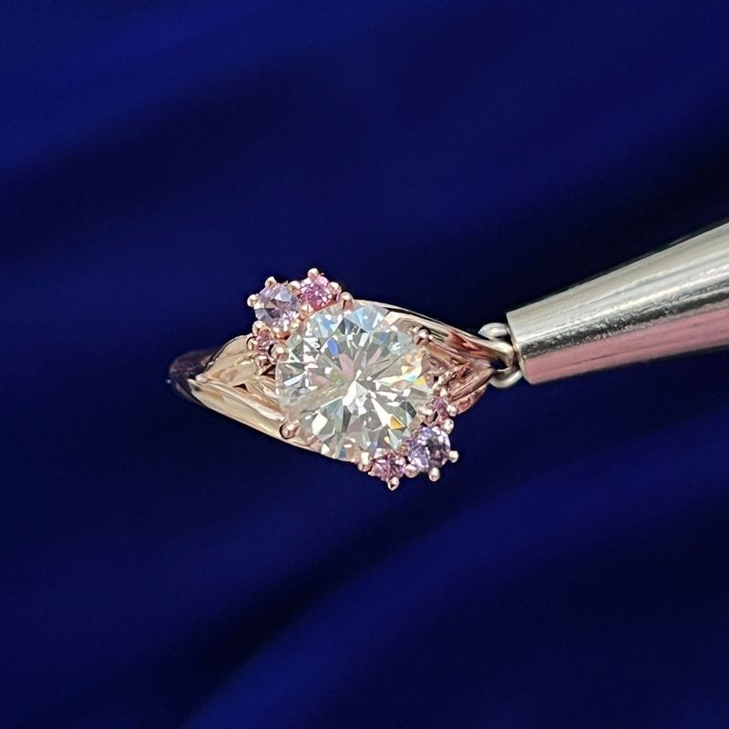 14k Rose Gold Wrap Twist Set Diamond with Cluster of Pink Sapphire Custom Engagement Ring