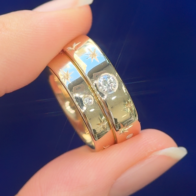 14k Yellow Gold with Customer's 4 Diamonds and Stars on 4mm and on 5 mm Mix Polished Band Custom Rings, size 6 and size 7