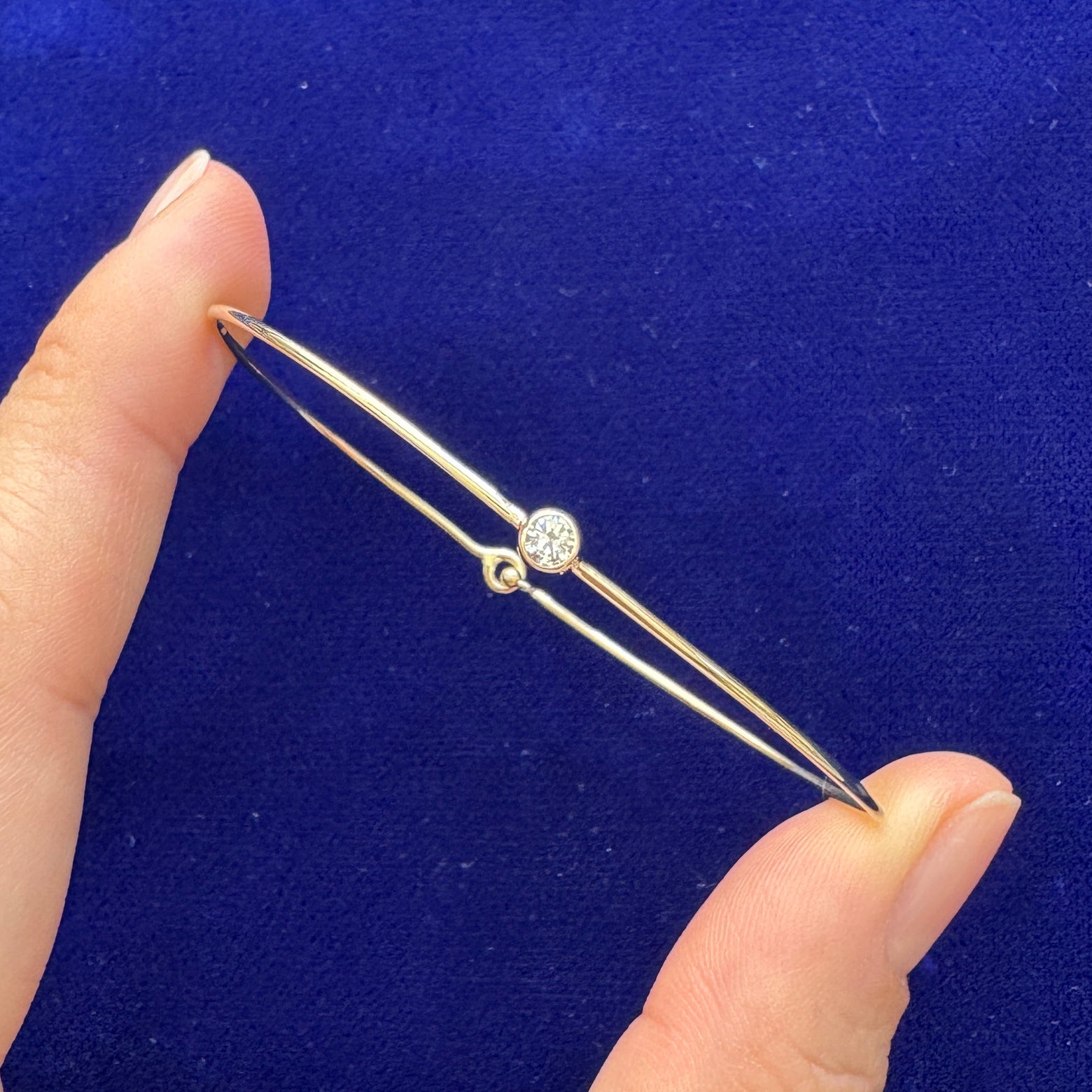 14k Yellow Gold and 3mm Bezel-set Round Natural Diamond on 1mm Wire Bangle Custom Bracelet, 6.5 inches