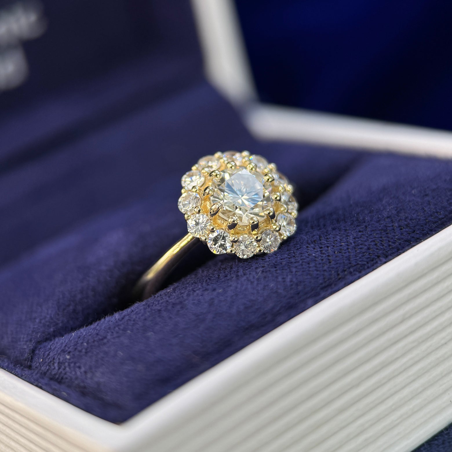 14k Yellow Gold Low-bezel-set Customer’s 5.5mm Diamond w/ Halo of 12pc 2mm Bezel-set Round Customer’s Diamonds Custom Ring
