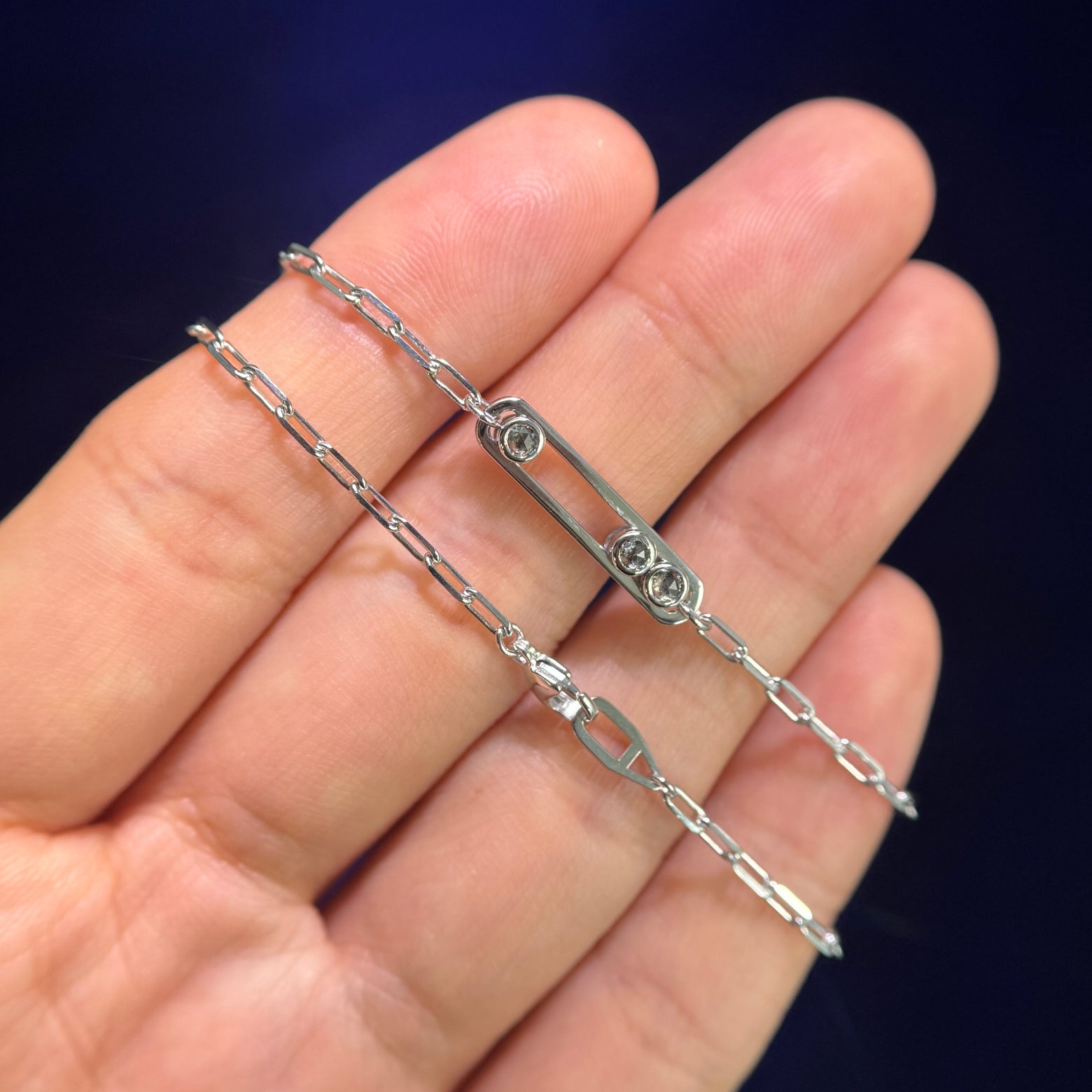 14k White Gold and Customers 3pc 2mm Diamonds reset into Custom Dancing Gemstone Necklace, 19inch