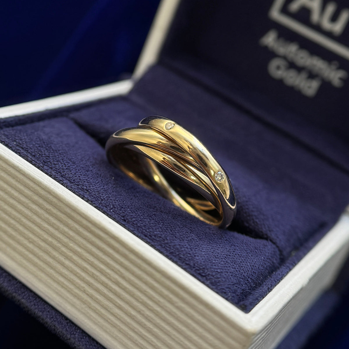 18k Yellow with 6pc Flush-set Lab Diamonds on 2.5mm width Each Band Trinity Custom Ring, Size 4