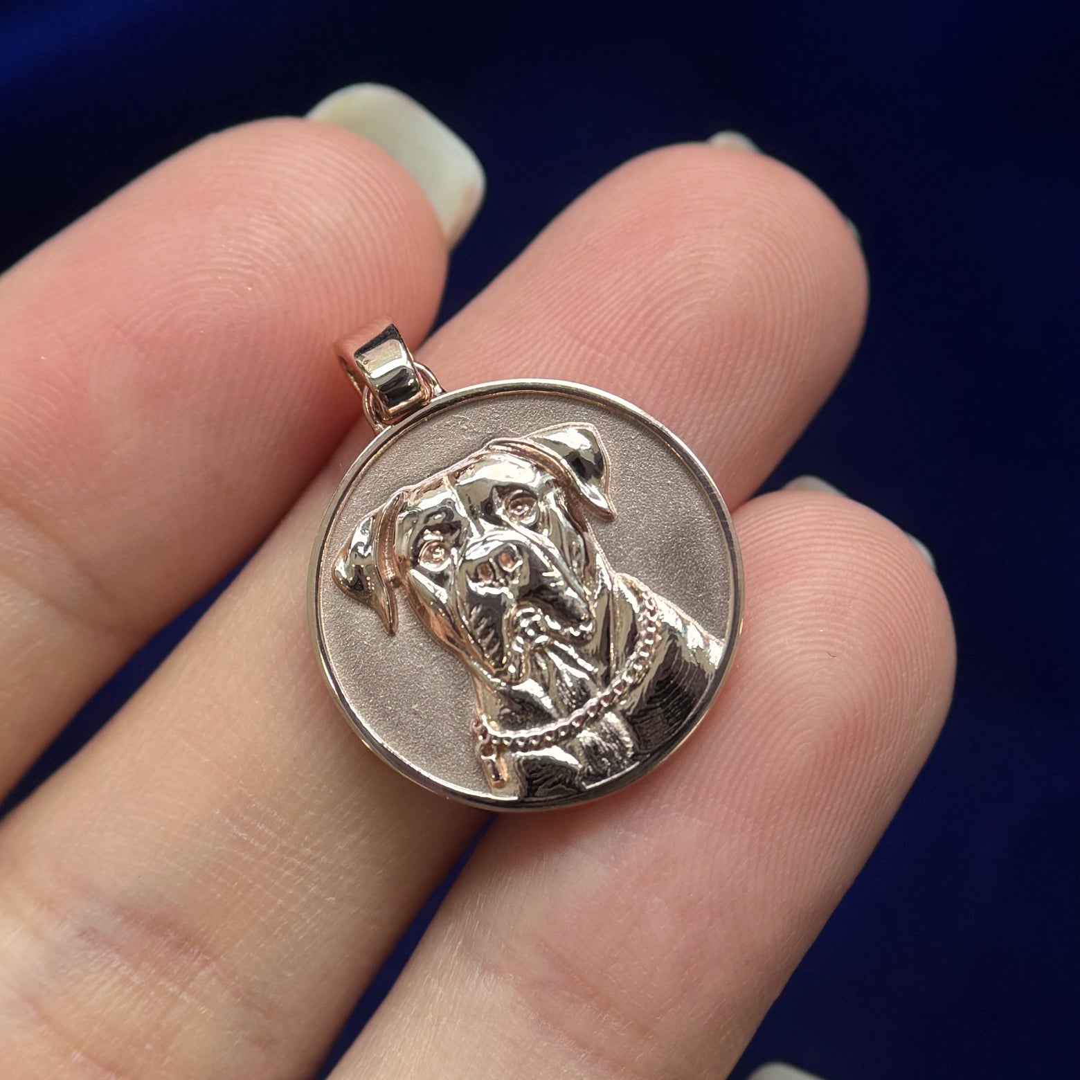 14k Rose Gold Dog Portrait on front and L engraved on back Custom Disk 19mm Pendant