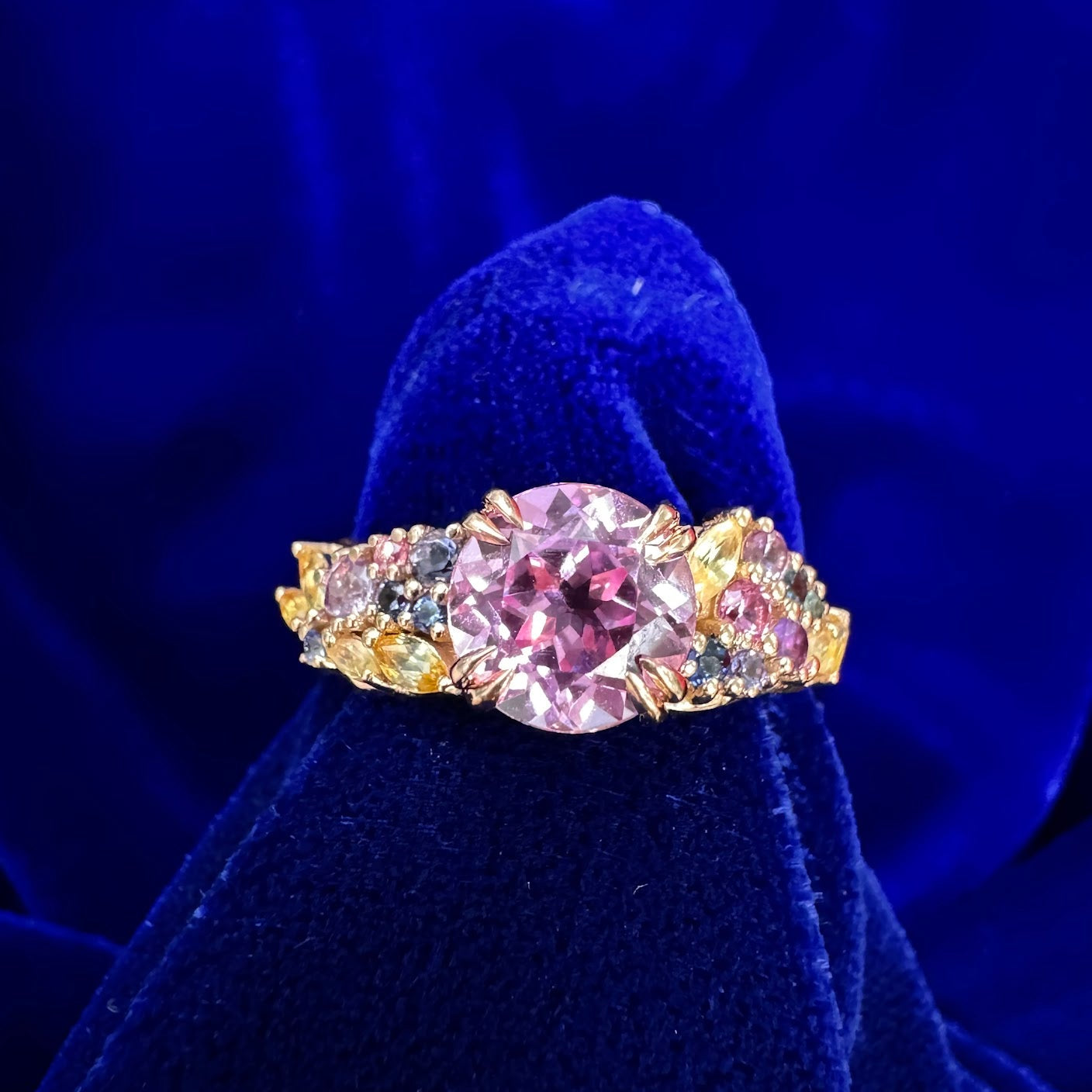 14k Rose Gold Princess Cut Lab Pink Sapphire and Small Pastel Round Sapphires Custom Ring