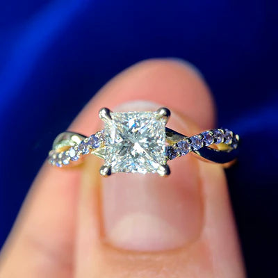14k Yellow Gold Set Above Band Princess Natural Diamond on Twisted Band with Purple Sapphires Custom Ring