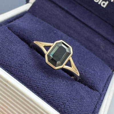 14k Yellow Gold and  Bezel-low-set 1.24ct Emerald-cut Dark Green Teal Sapphire on Split Shank 1.7mm Curvy Band Custom Ring, size 6.5