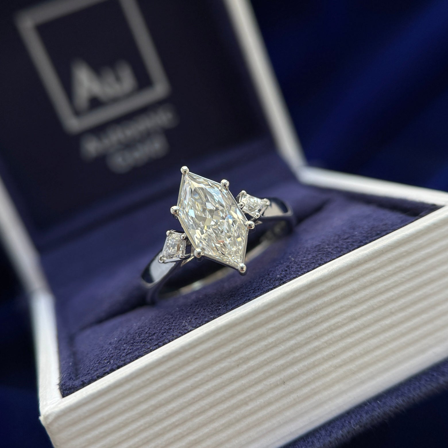 950 Platinum and Round-prongs 2ct Dutch Marquise with 3x6mm Kites Lab Diamonds Cathedral-high-set on 3mm Mix Mirror Band Custom Ring, size 7.75