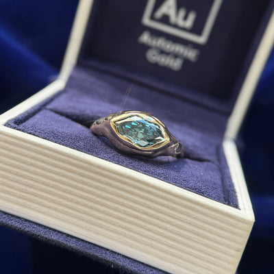 14k Yellow Gold and 1ct Marquise Blue Lab Diamond East-west Melted Bezel set in Melted Wavy Band Custom Ring size 7