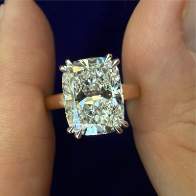 950 Platinum 4-double-claw-prongs 4ct E VVS Elongated Cushion Lab Diamond low-set on 18k Yellow Gold Cathedral 2mm Mix Mirror Band Custom Ring, size 4.5