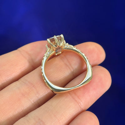 14k Yellow Gold and 4.65ct Elongated Cushion Champagne Lab Diamond on Filigree Engraved Band three fourth around Custom Ring, 7 gram, size 8.75