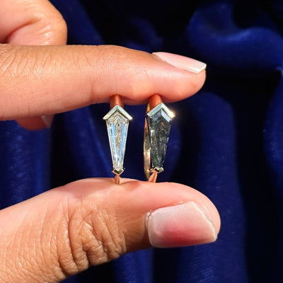 14k Yellow Gold Elongated Shield Lab Diamond and Salt and Pepper Diamond Half Bezel Set Custom Matching Rings