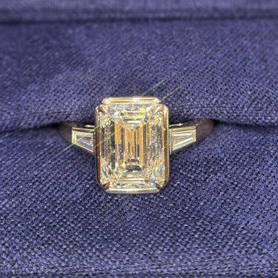 14k Yellow Gold and Bezel-set 2.5ct Emerald-cut Lab Diamond with two Tapered Baguette Lab Diamonds 3-stone Custom Ring, size 4.75