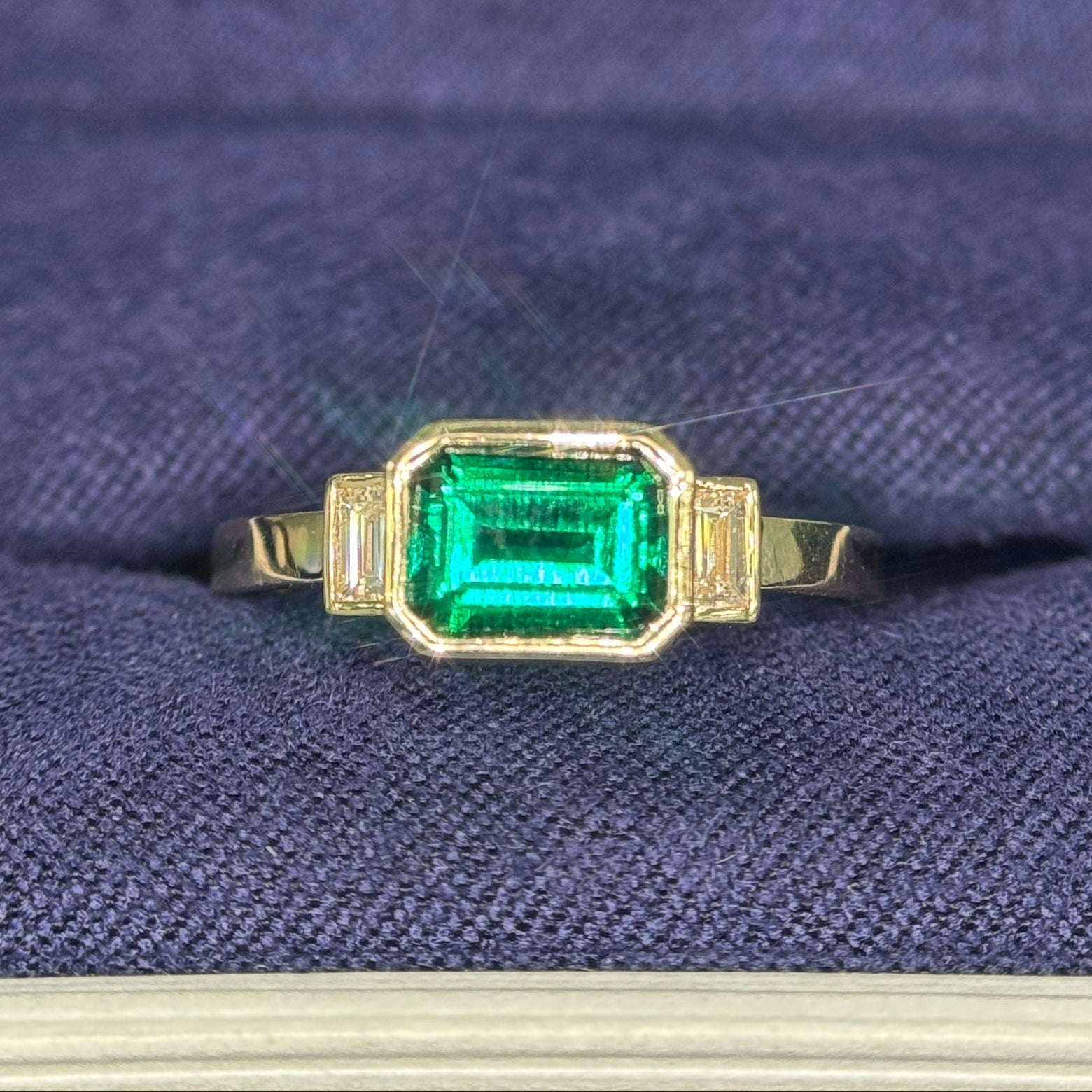 14k Yellow Gold Customers Lab Emerald and 2pc Baguette Lab Diamonds Remake Custom Ring, size 6