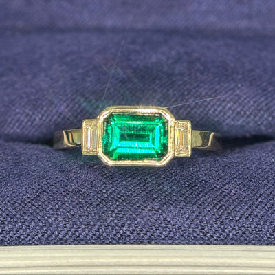 14k Yellow Gold Customers Lab Emerald and 2pc Baguette Lab Diamonds Remake Custom Ring, size 6