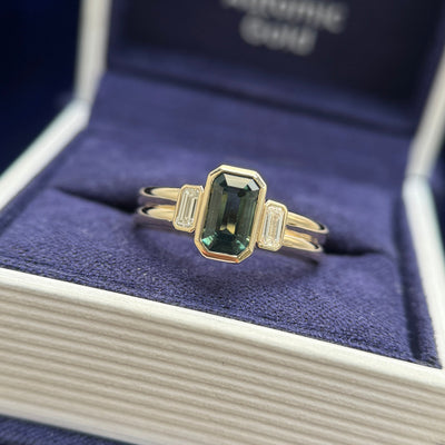 14k Yellow Gold and Low-bezel-set 1.6ct 8x4.9mm Emerald-cut Bi-color Sapphire with 2pc Baguette Lab Diamonds on Double Band Custom Ring, size 7.75