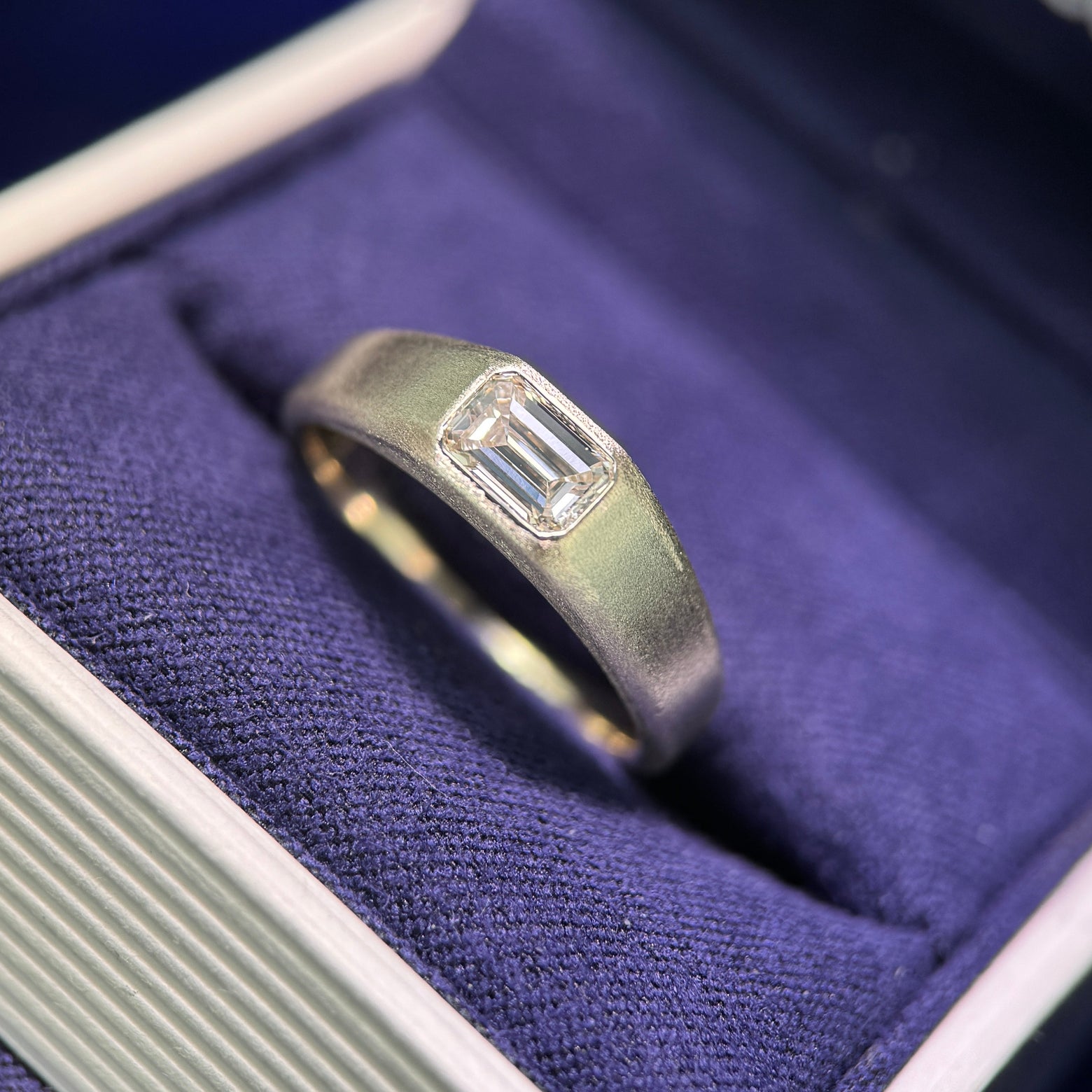 14k Champagne Gold Emerald Cut Diamond Signet Custom Matte Ring, Size 7