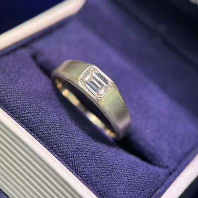 14k Champagne Gold Emerald Cut Diamond Signet Custom Matte Ring, Size 7
