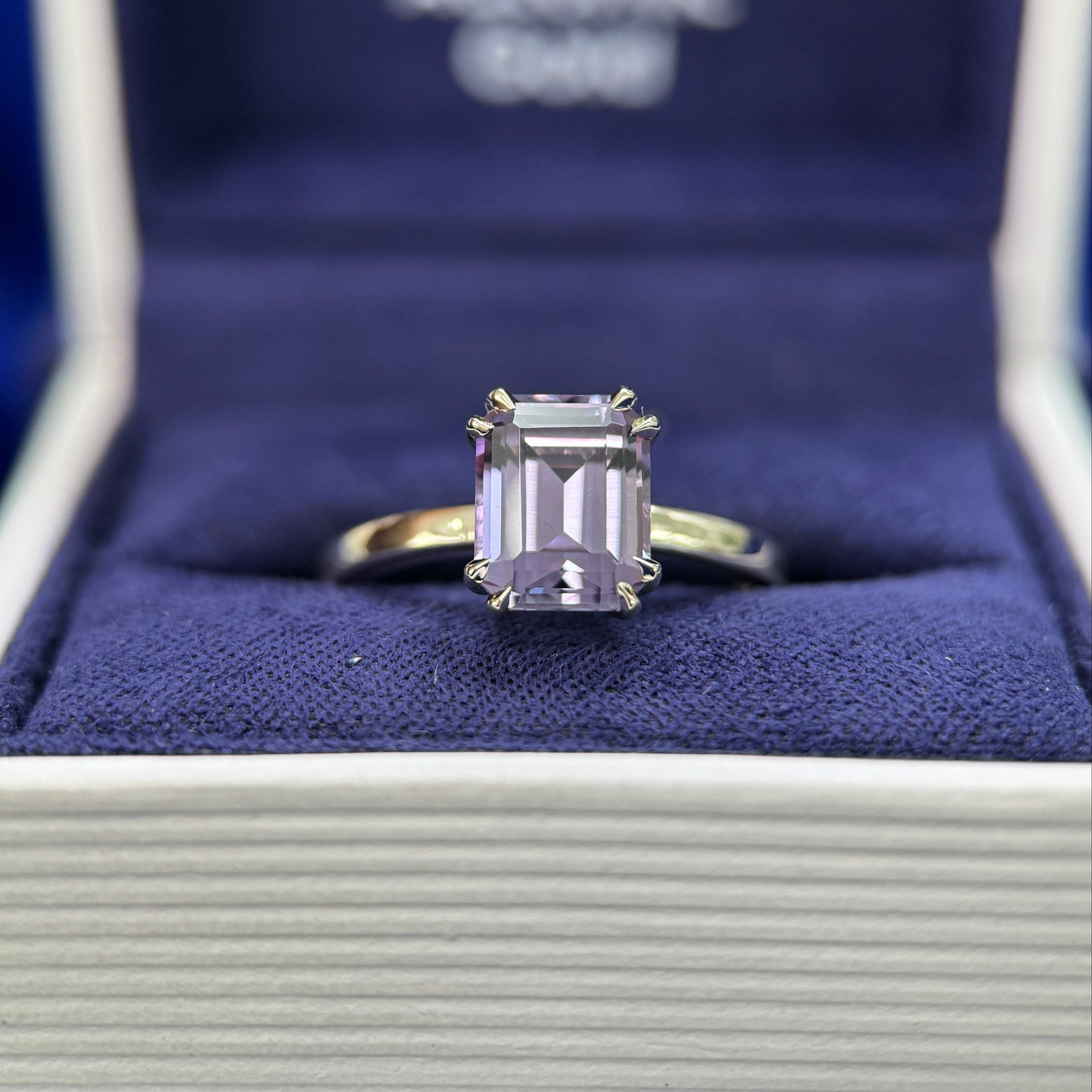 14k Champagne Gold & 8-claw-prongs 7x9mm Emerald-cut Lab Alexandrite on 2mm Mix Mirror Band Custom Ring