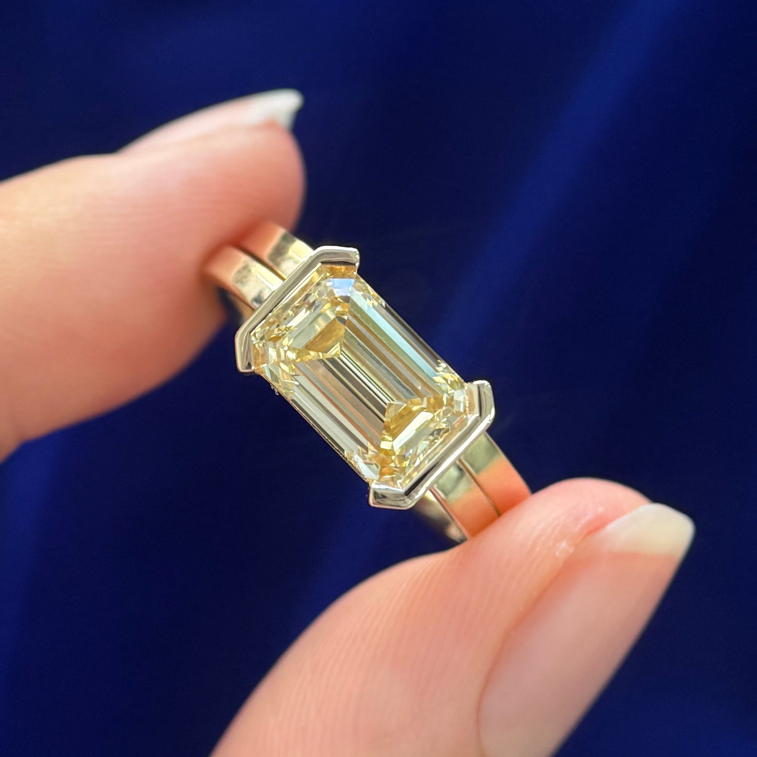 14k Yellow Gold with Customers 2.57ct Emerald-cut Lab Diamond Half-bezel-set on 2mm Industrial Mirror Band Custom Ring and Industrial Mirror Band 2mm, Both in size 7.75