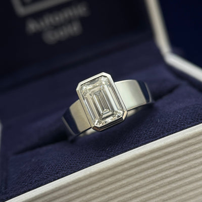950 Platinum Bezel-set 2ct Emerald-cut Lab Diamond on 6-2mm Tapered Band Custom Ring, Size 4.75
