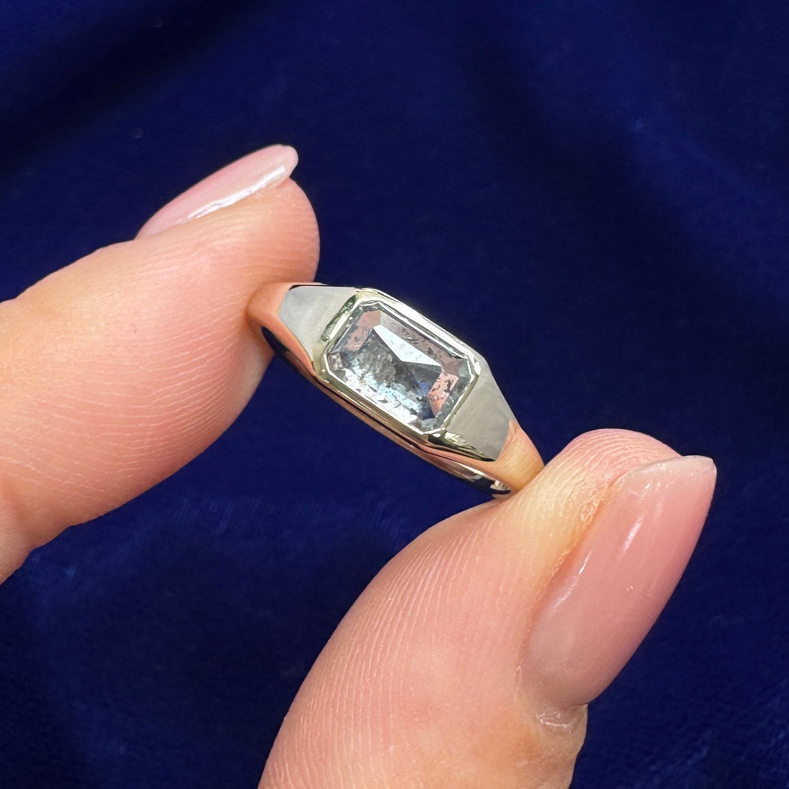 18k Champagne Gold and 1.01ct 6.9x4.7mm Emerald-cut Salt-and-pepper Diamond Signet 2mm Band Custom Ring, size 5.5