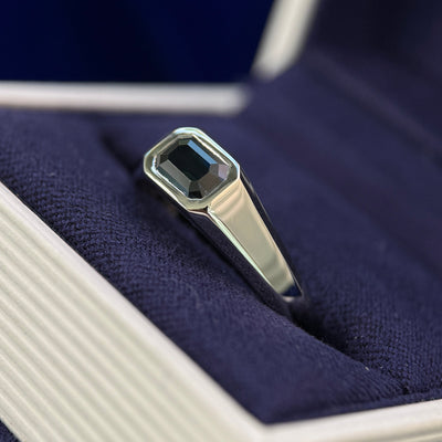 950 Platinum and Hexagon Flash-set 1.58ct Emerald Cut Teal Sapphire on Signet Custom Ring, 10 Grams, Size 7.5