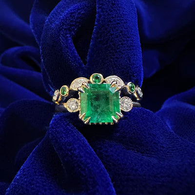 14k Yellow Gold 2.22ct Natural Emerald with Two Milgrain Bezel Set Diamonds and Hidden Diamond Halo Custom Ring