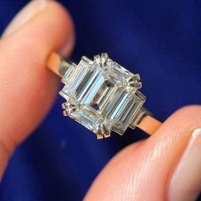 14k Yellow Gold with 3ct F/VVS Emerald-cut Lab Diamond and 0.36ct Baguette Lab Diamonds Art-deco Inspired Custom Ring, size 7