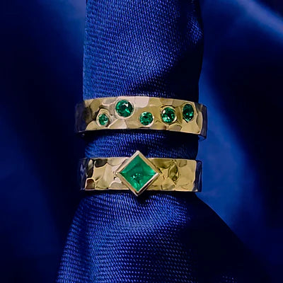 14k Yellow Gold Bezel Set Princess Cut 4mm Emerald on 5mm Hammered Industrial Band Custom Ring with Matching Band