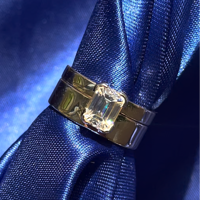 14k Yellow Gold Emerald-cut Moissanite Off set on Thick Band Custom Rings Set