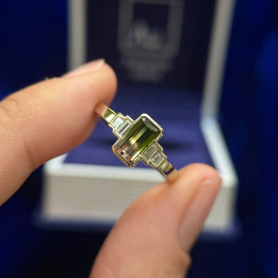 14k Yellow Gold and 0.72ct Emerald-cut Watermelon Tourmaline with 4pc Baguette Lab Diamonds Custom Ring, size 6