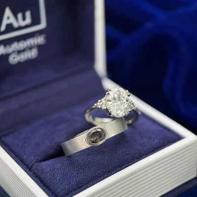 950 Platinum Oval Lab Diamond with Salt and pepper Diamonds and Oval Salt-and-pepper Diamond on 4mm Industrial Matte Band Custom Rings