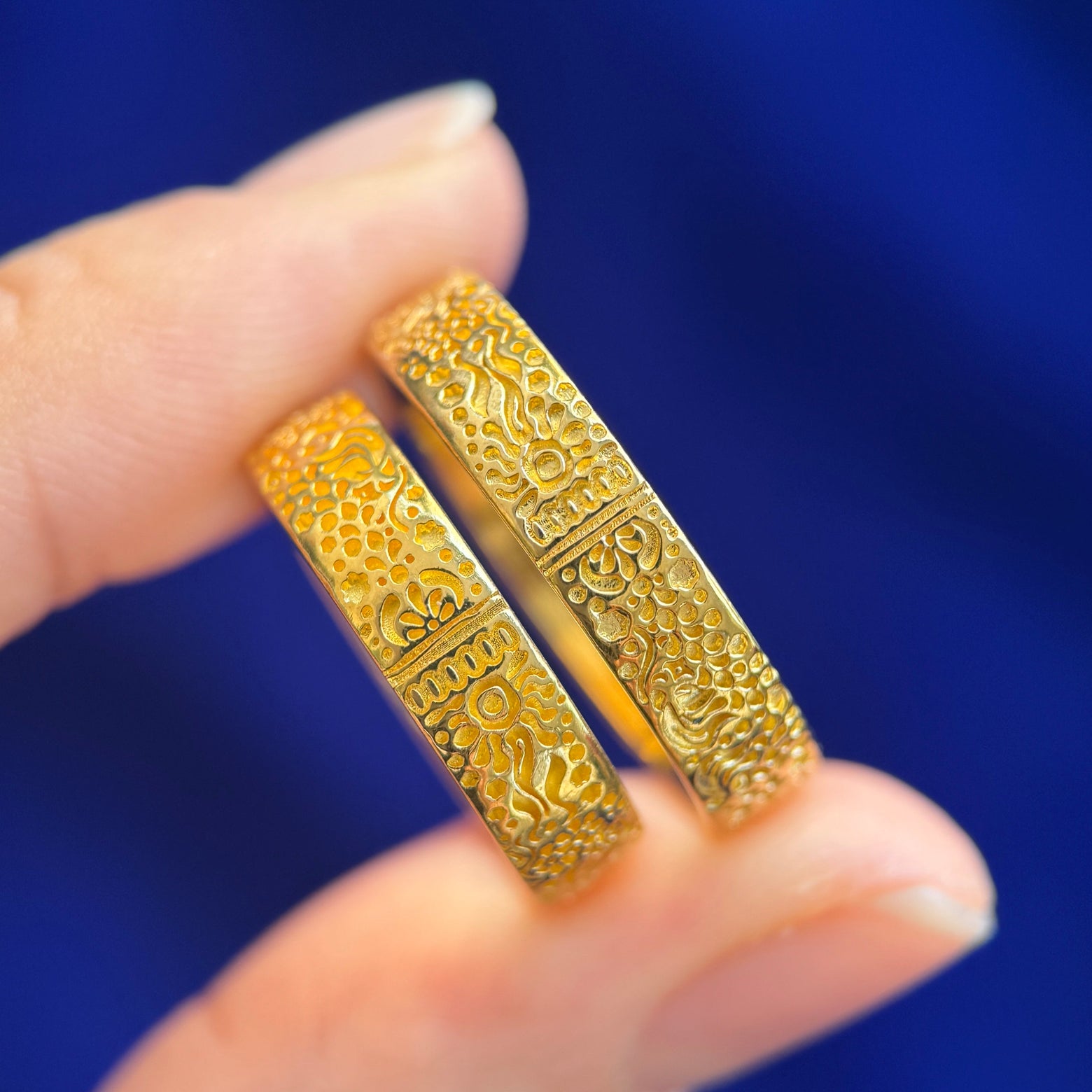 back of 24k Gold Persian Design Engraved with hidden M and S on 5mm Band Custom Couple Matching Bands Rings, size 7 and 10